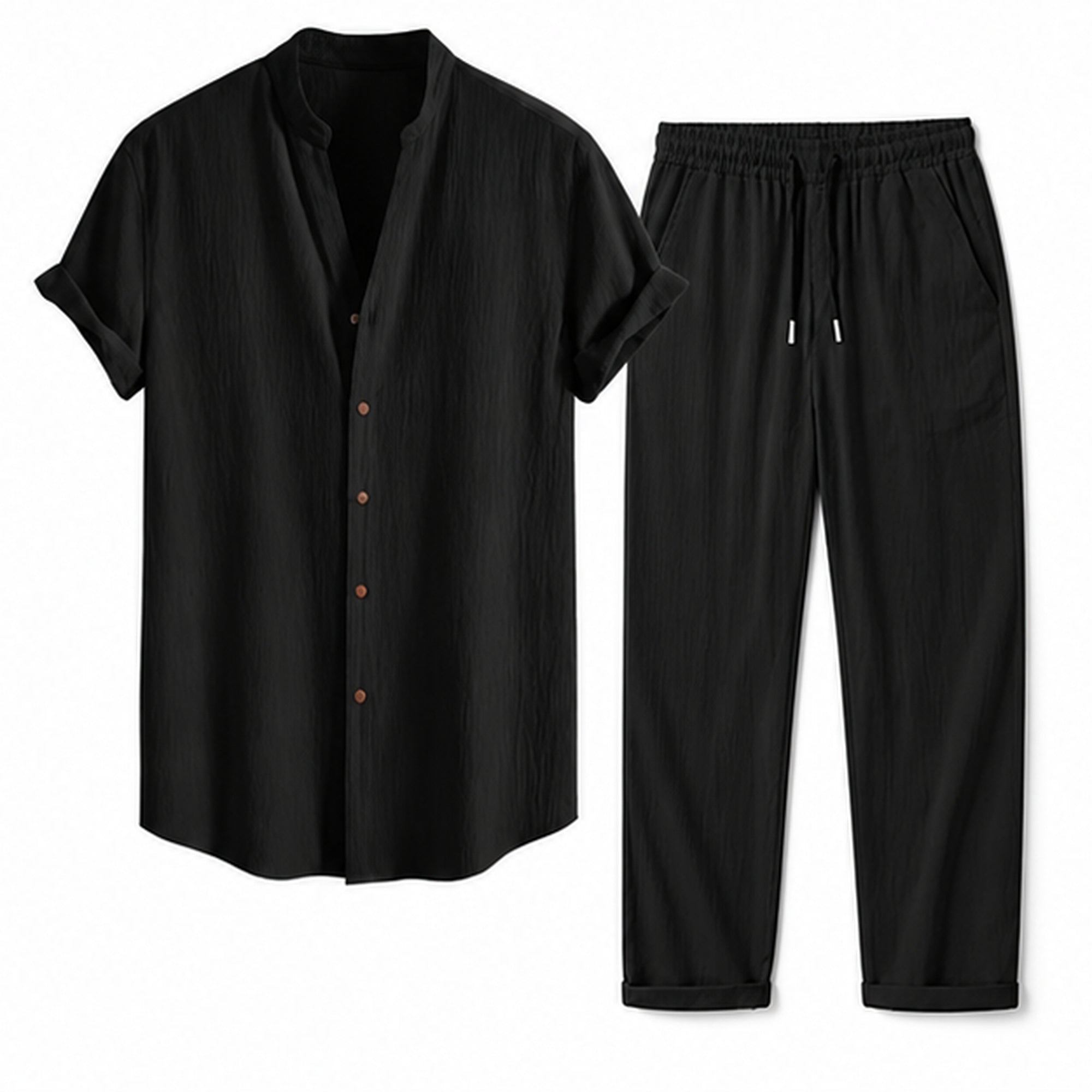 Kalerel black shirt and black drawstring trousers, studio view