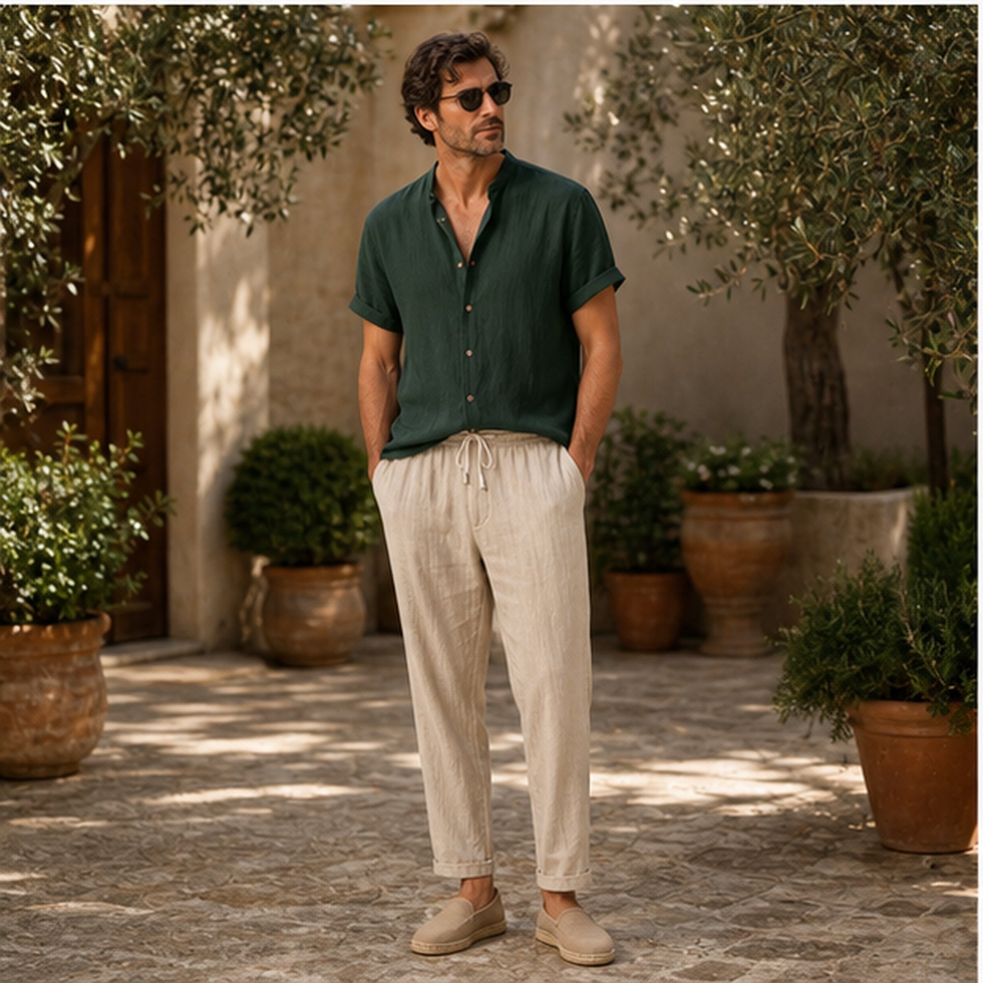 Kalerel dark green and tan set in an olive courtyard