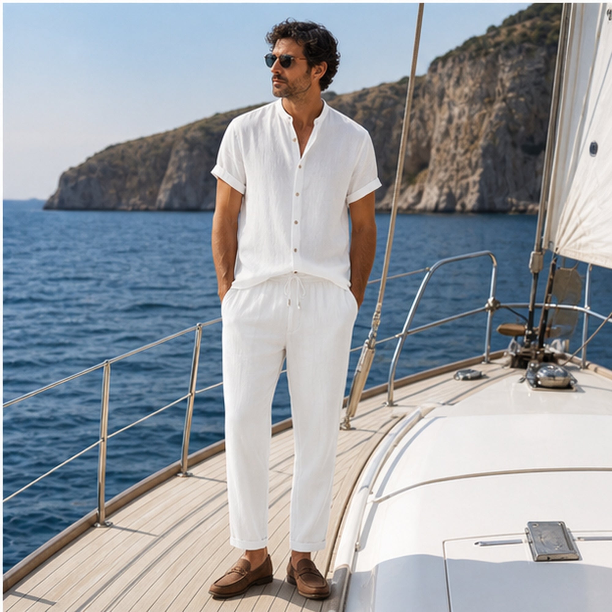 Kalerel all-white summer set on a yacht deck