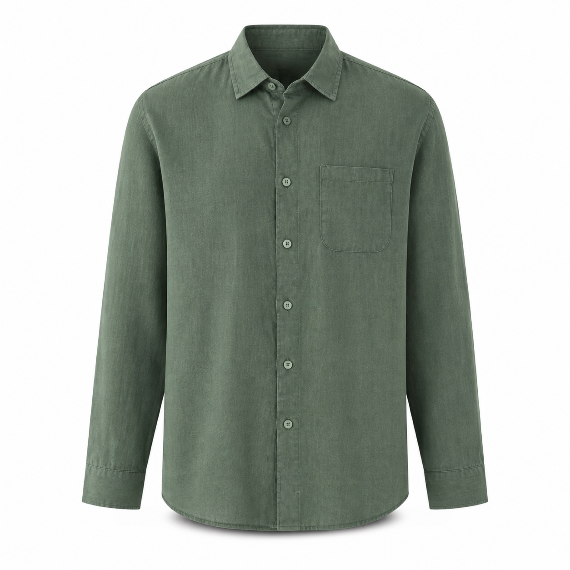Kalevaro green linen shirt on white studio background