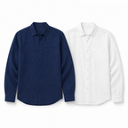 Kalevaro navy and white linen shirts on white studio background