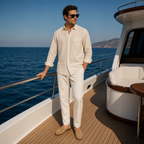 Kalevaro beige linen shirt styled on a Mediterranean yacht