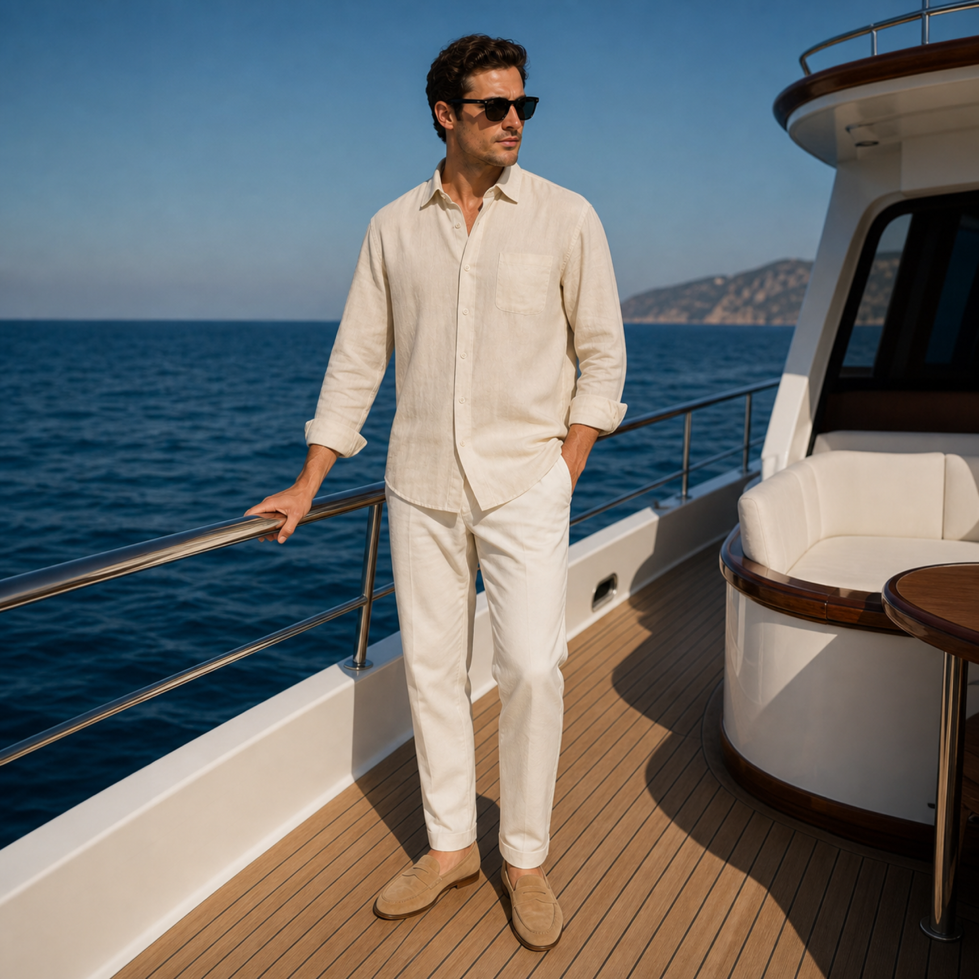 Kalevaro beige linen shirt styled on a Mediterranean yacht