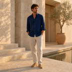 Kalevaro navy linen shirt styled at a Mediterranean resort