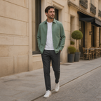 Kalevaro green linen overshirt styled in the city