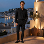 Kalevaro black linen shirt styled on an evening terrace