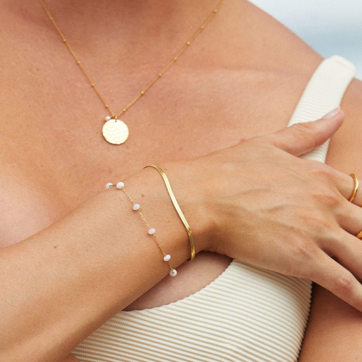 Bruce & Co Santorini – Herringbone and Pearl Layered Bracelet