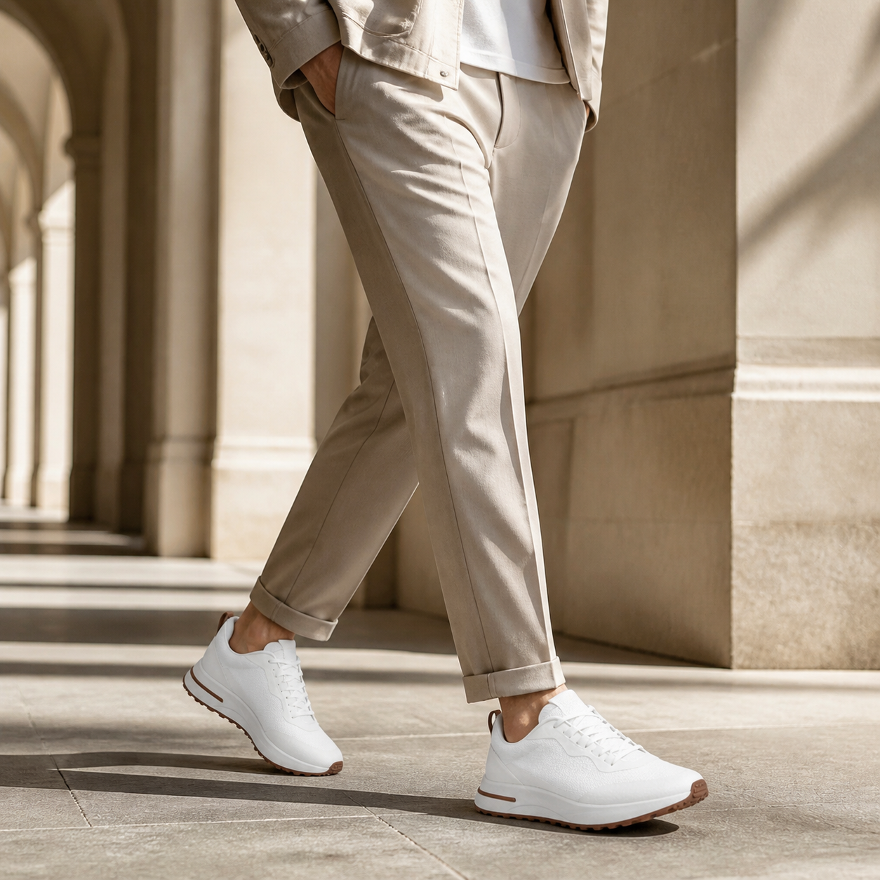Bruce & Co Aerivo white sneakers in a European arcade