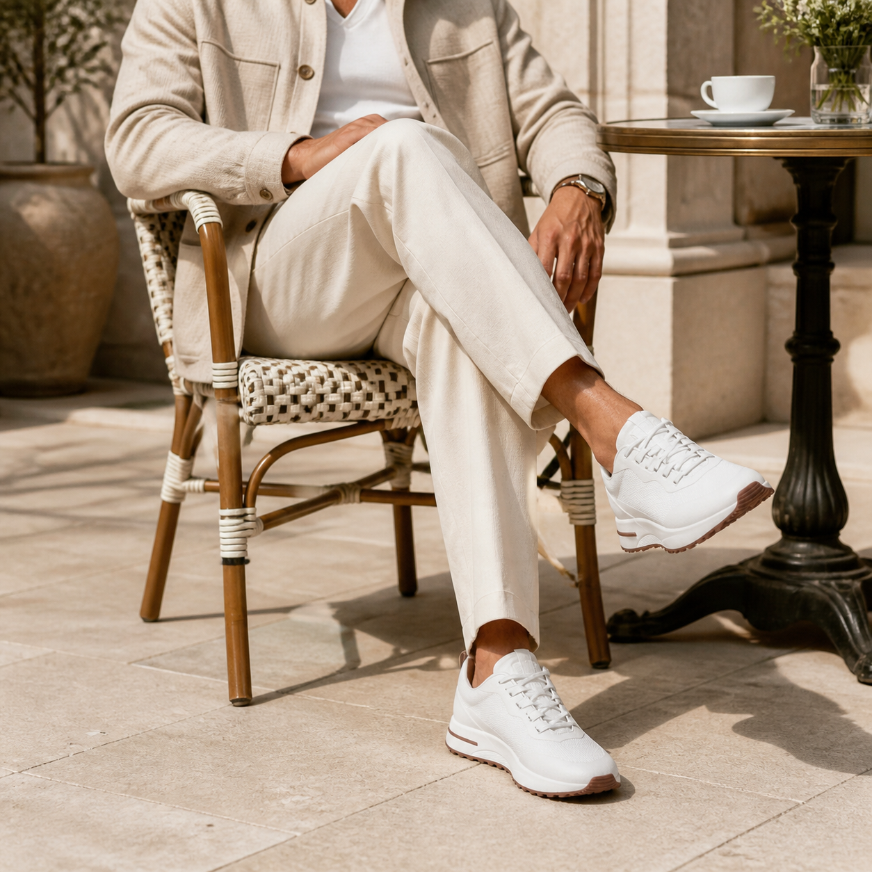 Bruce & Co Aerivo white sneakers in a refined café setting