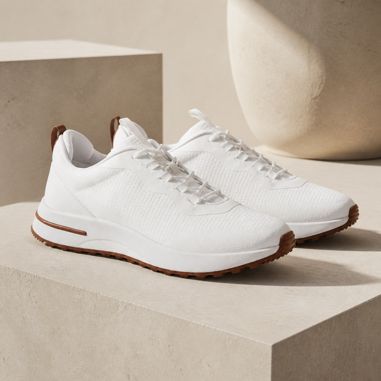 Bruce & Co Aerivo white sneakers on limestone plinths