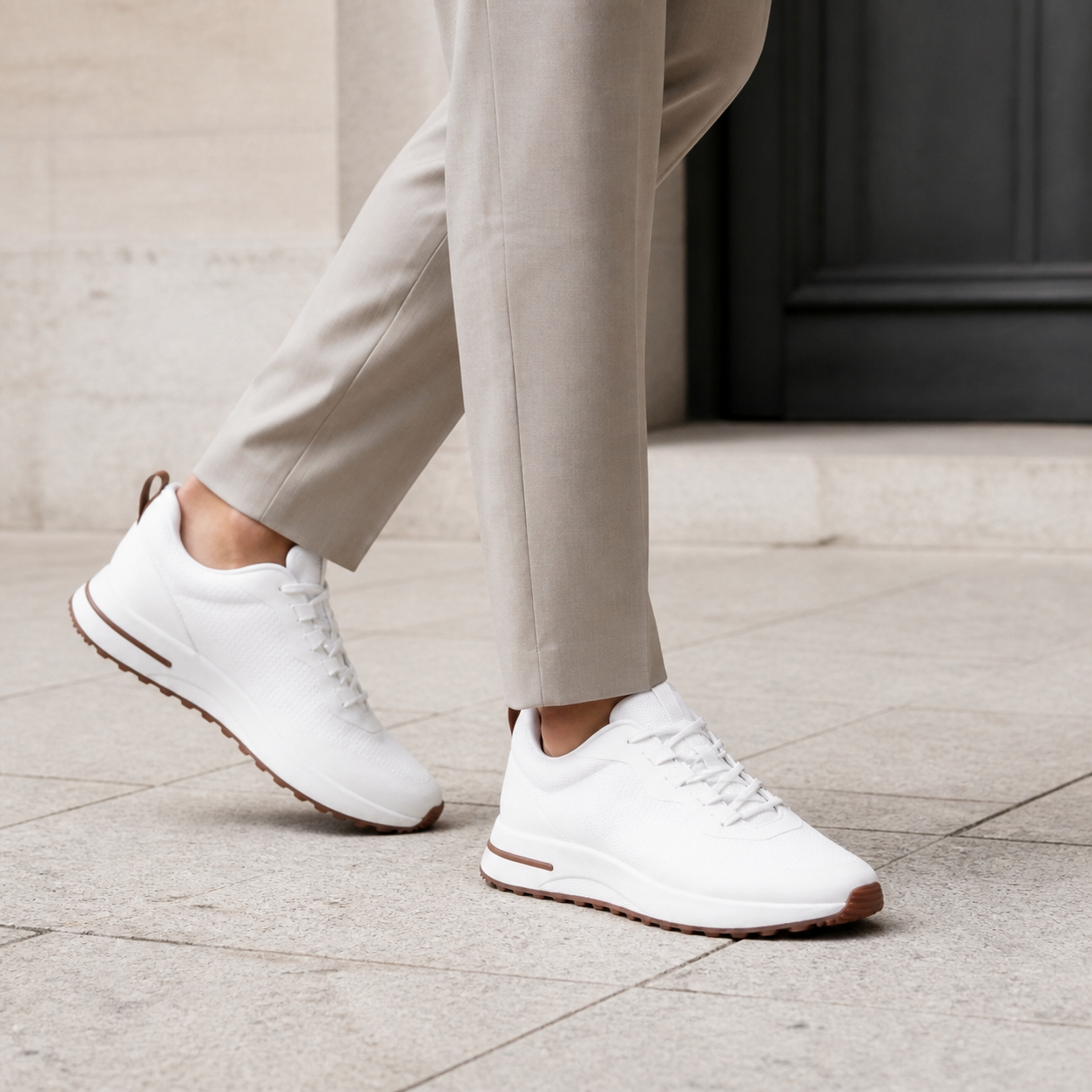 Bruce & Co Aerivo white sneakers styled with tailored trousers