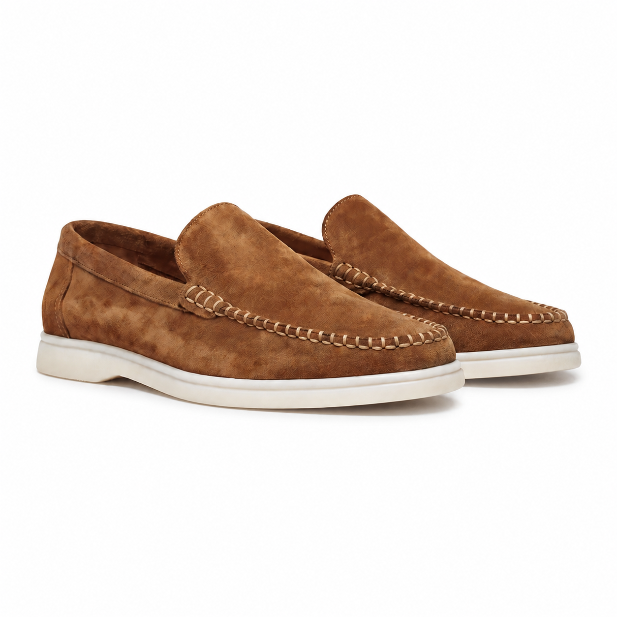Bruce & Co Bellaro caramel moc-toe loafers main three-quarter view on pure white