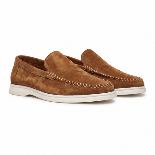 Bruce & Co Bellaro caramel moc-toe loafers main three-quarter view on pure white