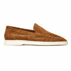 Bruce & Co Bellaro caramel moc-toe loafer side profile on pure white