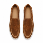 Bruce & Co Bellaro caramel moc-toe loafers top view on pure white