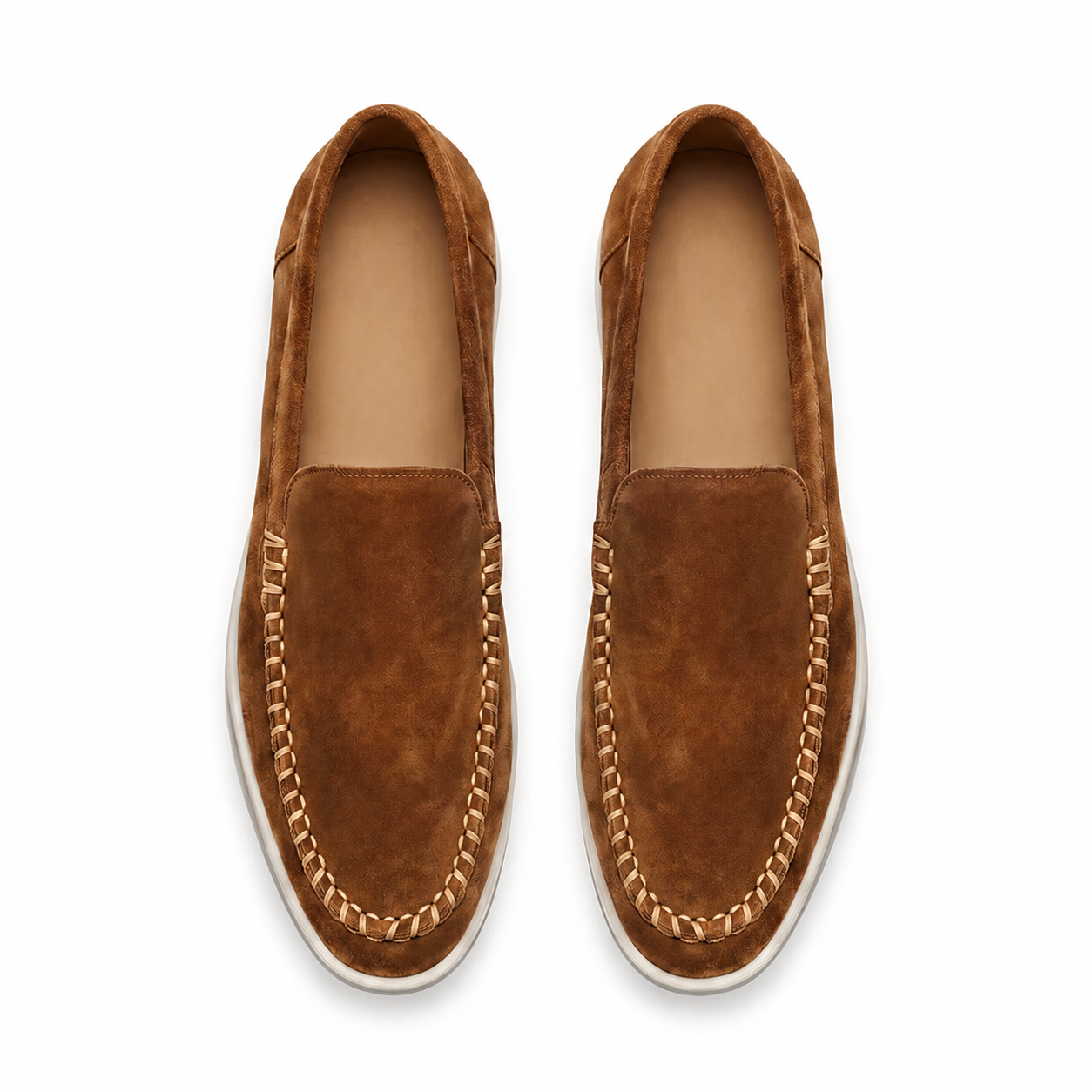 Bruce & Co Bellaro caramel moc-toe loafers top view on pure white