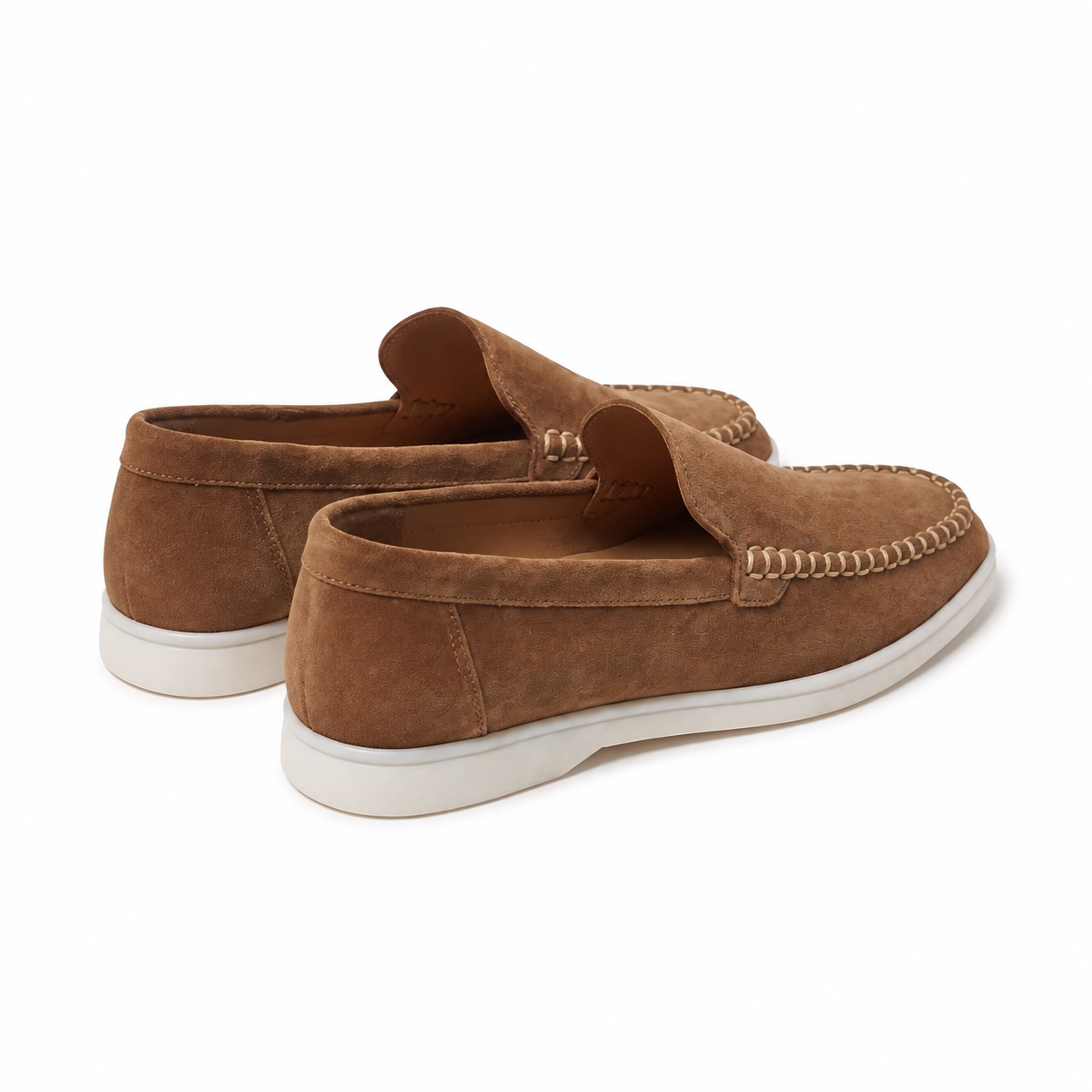 Bruce & Co Bellaro caramel moc-toe loafers rear three-quarter view on pure white