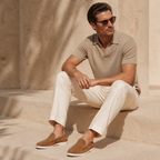 Bruce & Co Bellaro caramel loafers worn in a warm stone studio