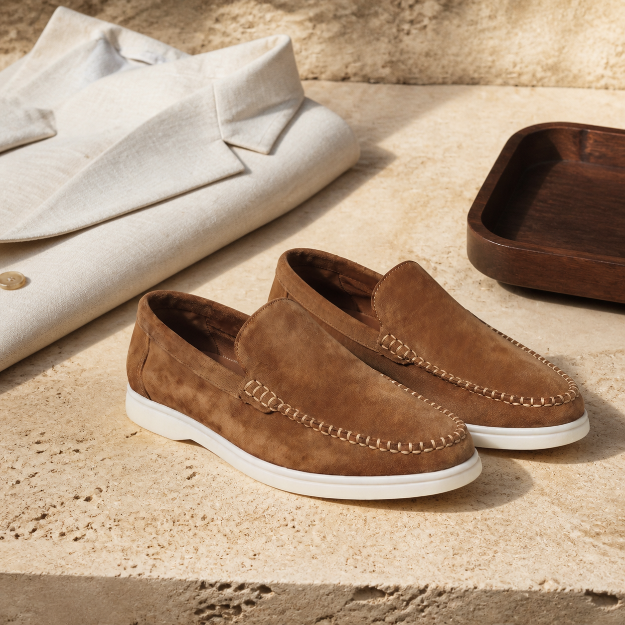 Bruce & Co Bellaro caramel loafers editorial still life