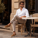 Bruce & Co Bellaro caramel loafers at a European cafe