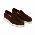Bruce & Co Bellaro chocolate suede-look moc-toe loafers front three-quarter view