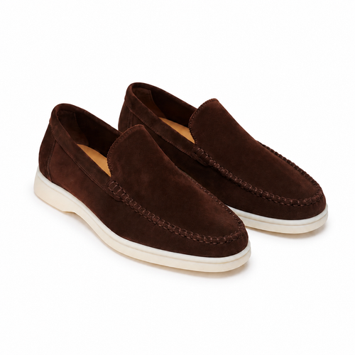 Bruce & Co Bellaro chocolate suede-look moc-toe loafers front three-quarter view