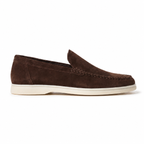 Bruce & Co Bellaro chocolate suede-look moc-toe loafer side profile