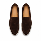 Bruce & Co Bellaro chocolate suede-look moc-toe loafers top view