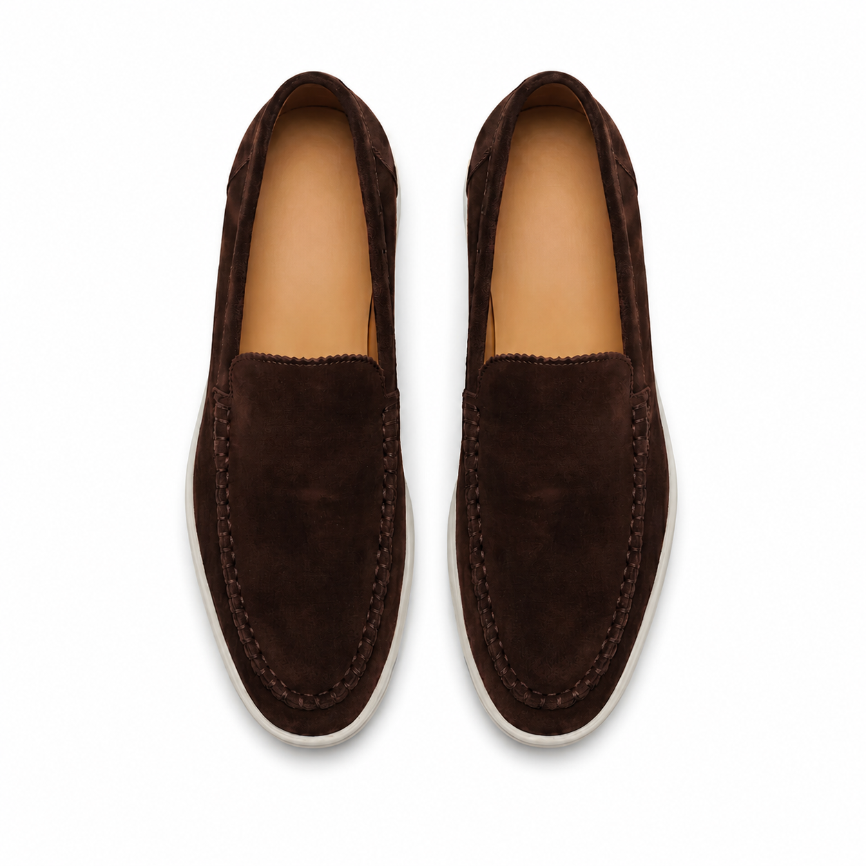Bruce & Co Bellaro chocolate suede-look moc-toe loafers top view