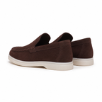 Bruce & Co Bellaro chocolate suede-look moc-toe loafers rear view