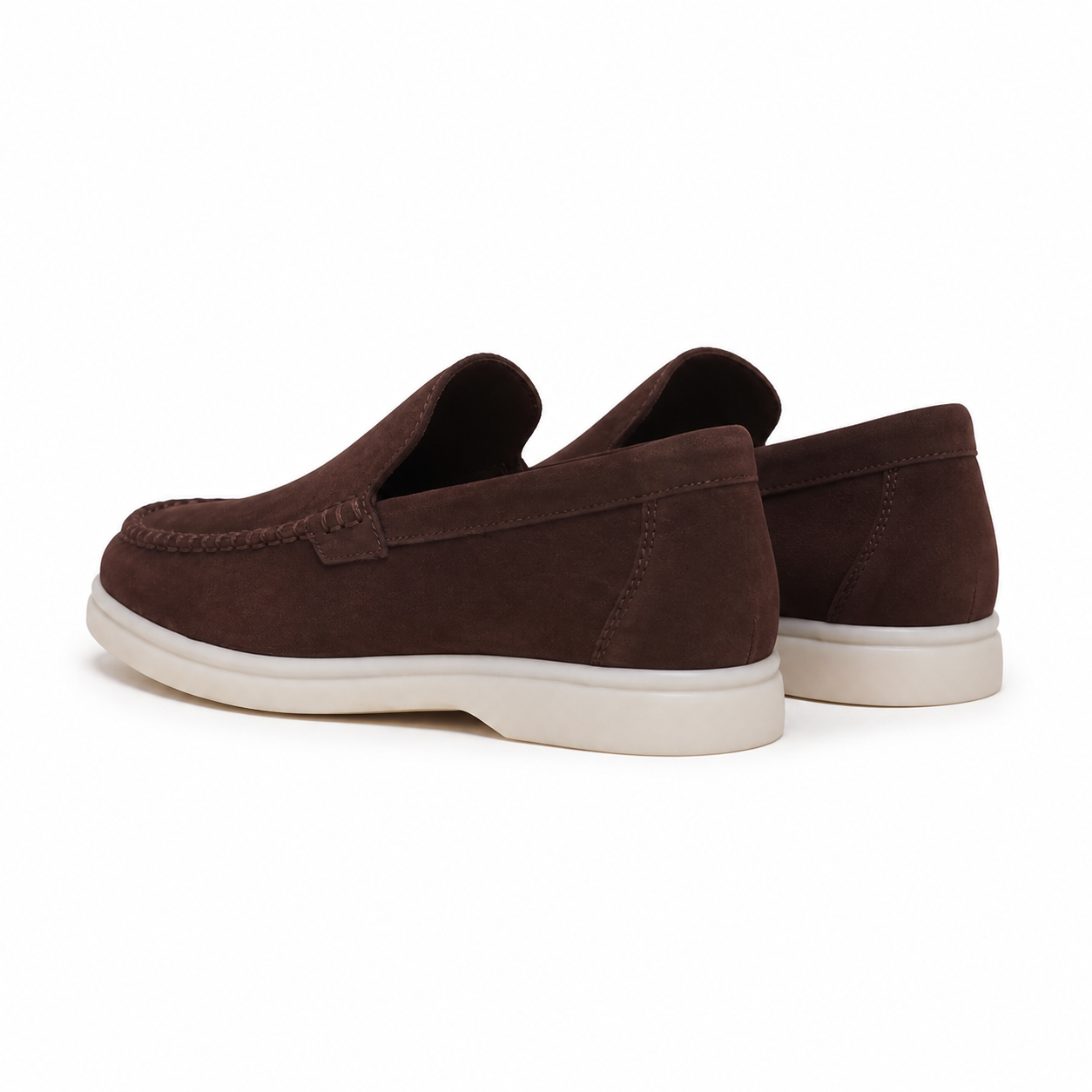 Bruce & Co Bellaro chocolate suede-look moc-toe loafers rear view