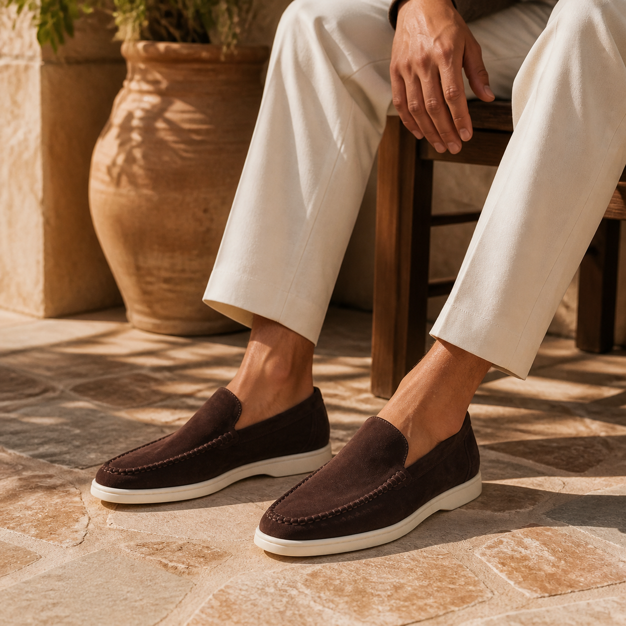Bruce & Co Bellaro chocolate loafers in a Mediterranean courtyard
