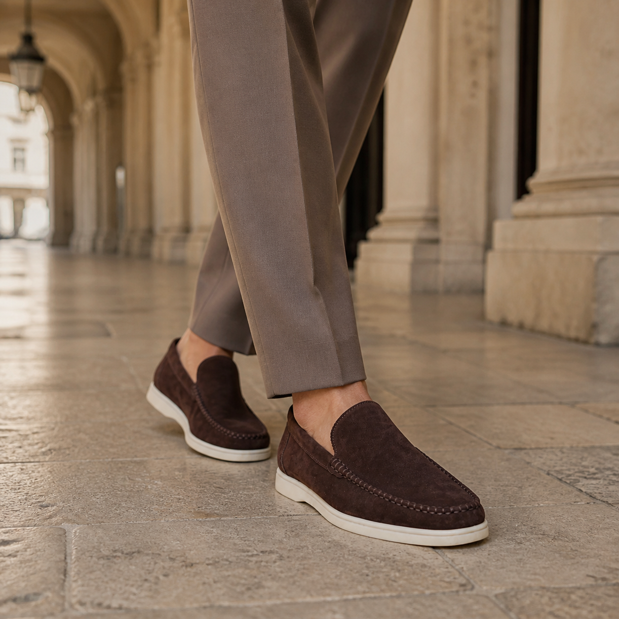 Bruce & Co Bellaro chocolate loafers in a European arcade