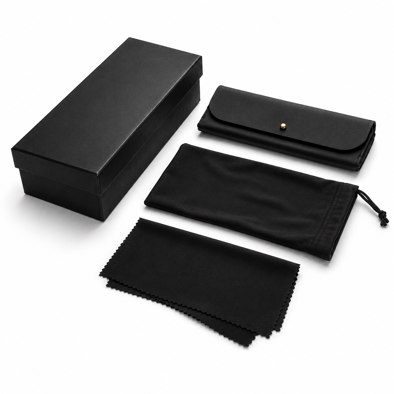Bruce & Co eyewear packaging set — case, pouch and cleaning cloth