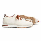 Men's beige knit sock-fit sneaker side and outsole details on white