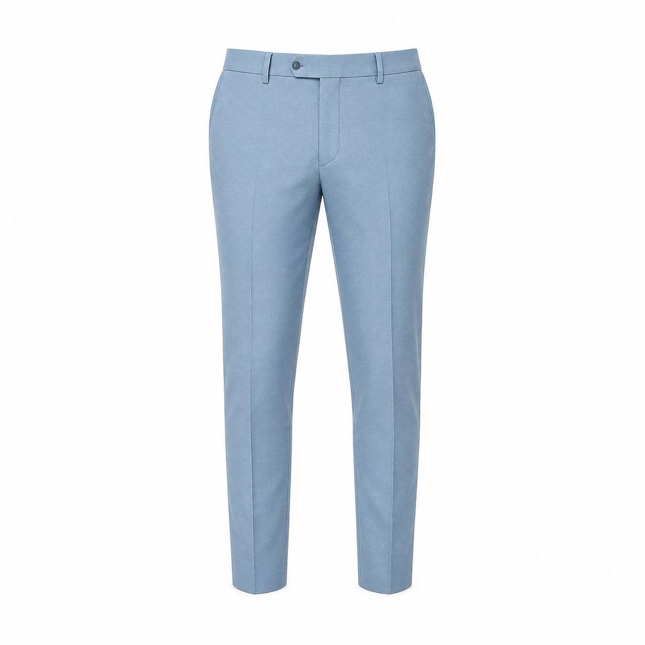 Men's light blue tapered suit trousers, ghost mannequin front view on white