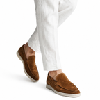 Bruce & Co Marivon caramel loafers styled with white trousers