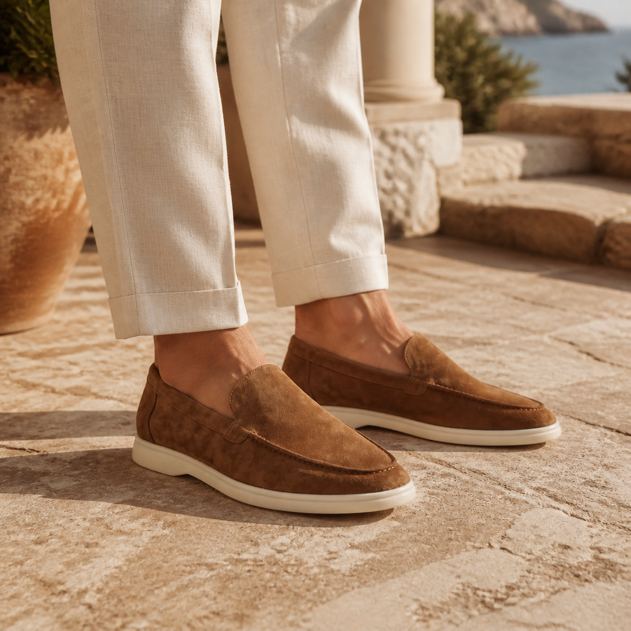 Bruce & Co Marivon caramel loafers on a Mediterranean terrace