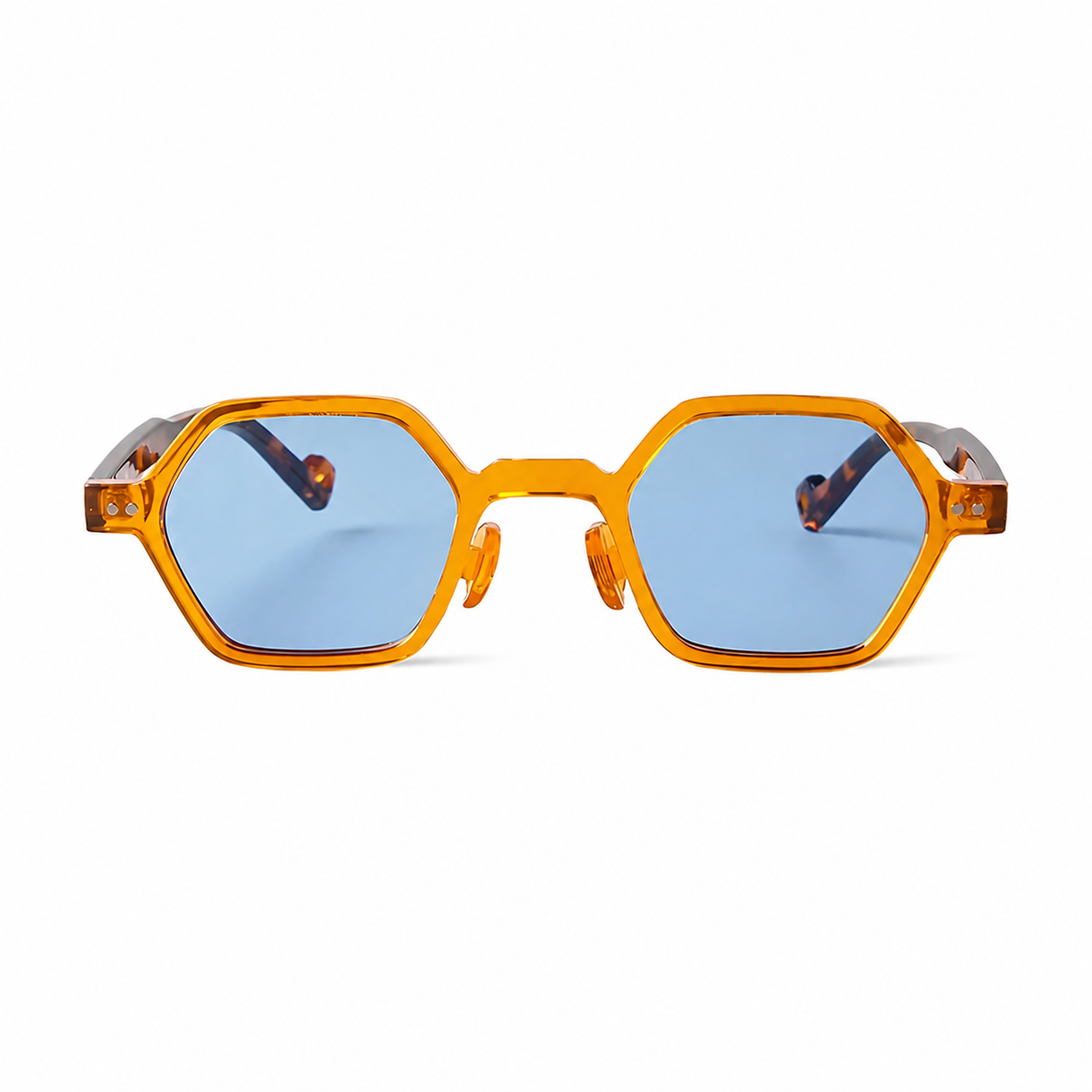 Bruce & Co MARSEILLE amber frame blue lens front view on pure white