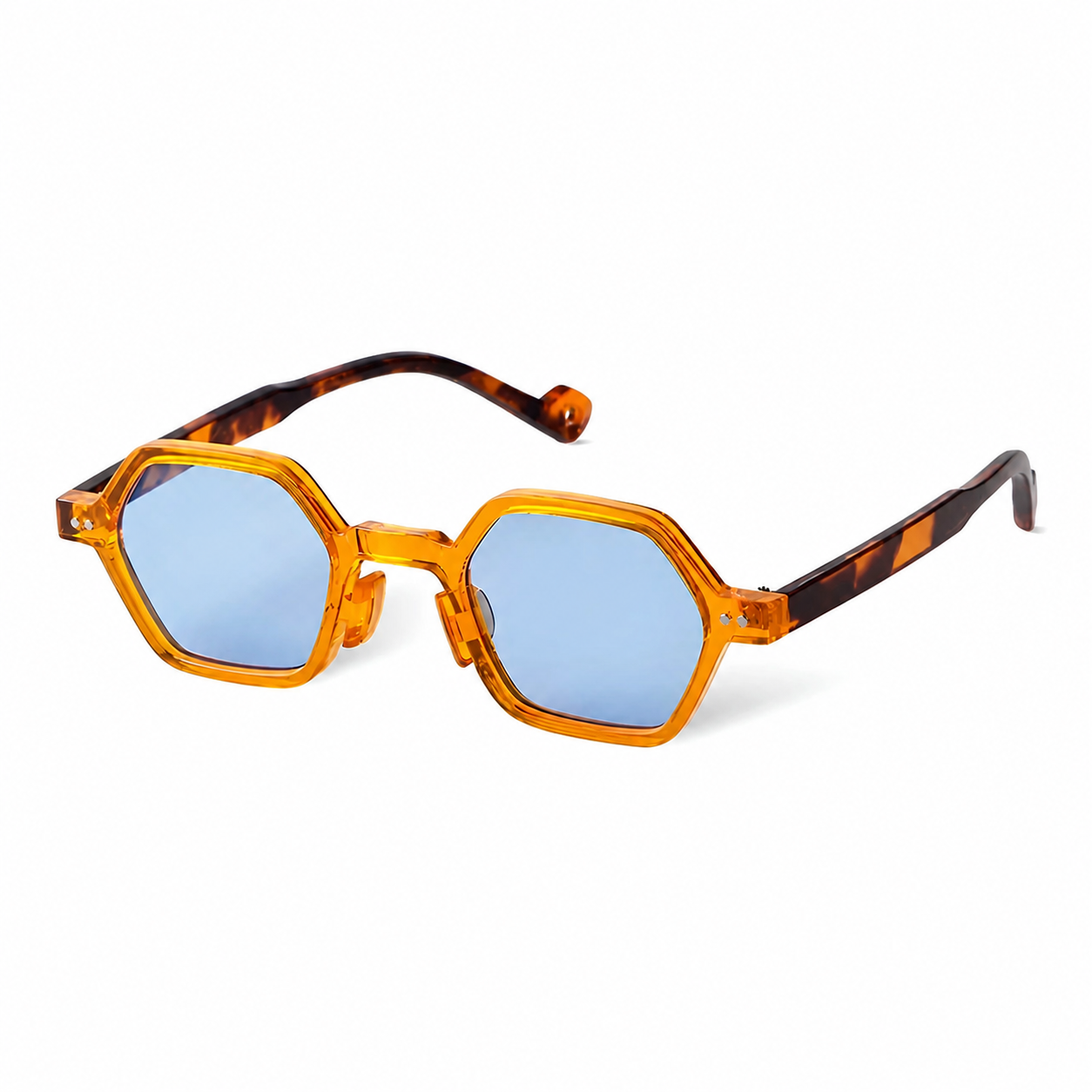 Bruce & Co MARSEILLE amber frame blue lens angled view on pure white