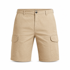 Bruce & Co men's beige cargo shorts on invisible mannequin, front view
