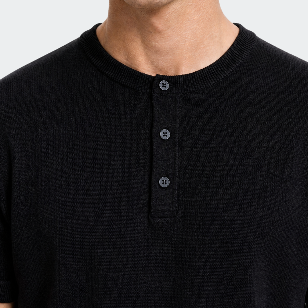 Black knit Henley collar and button placket detail