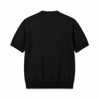 Rear view of Bruce & Co men's black knit Henley shirt on invisible mannequin