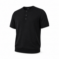 Bruce & Co men's black knit Henley shirt on invisible mannequin, diagonal front view