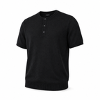 Bruce & Co men's black knit Henley shirt on invisible mannequin, diagonal front view