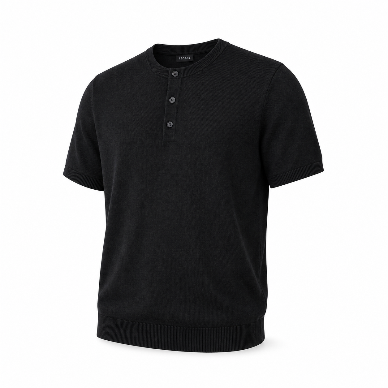 Bruce & Co men's black knit Henley shirt on invisible mannequin, diagonal front view