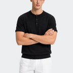 Men styling Bruce & Co black knit Henley shirt