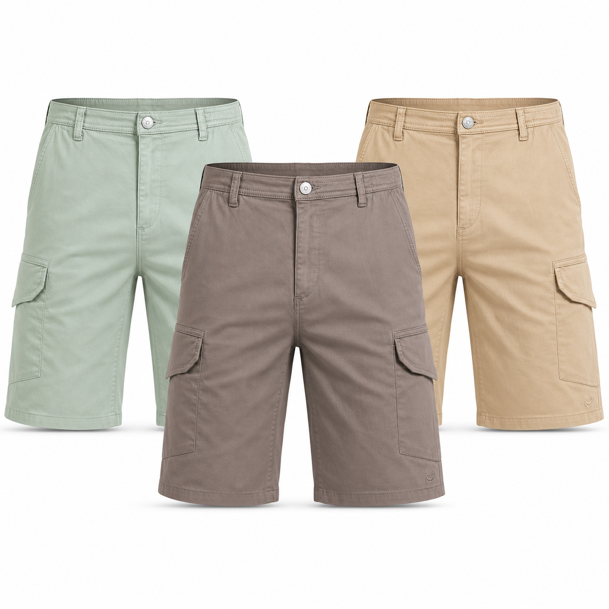 Bruce & Co men's cargo shorts in gray, mint green and beige