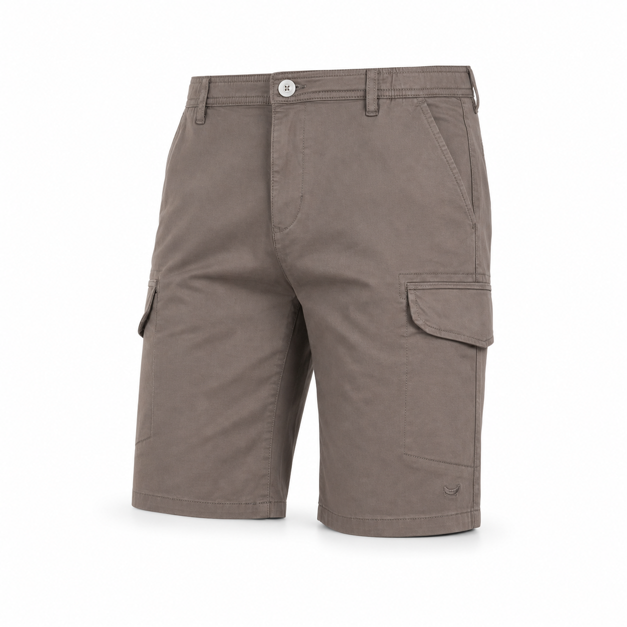 Bruce & Co men's gray cargo shorts on invisible mannequin, diagonal front view