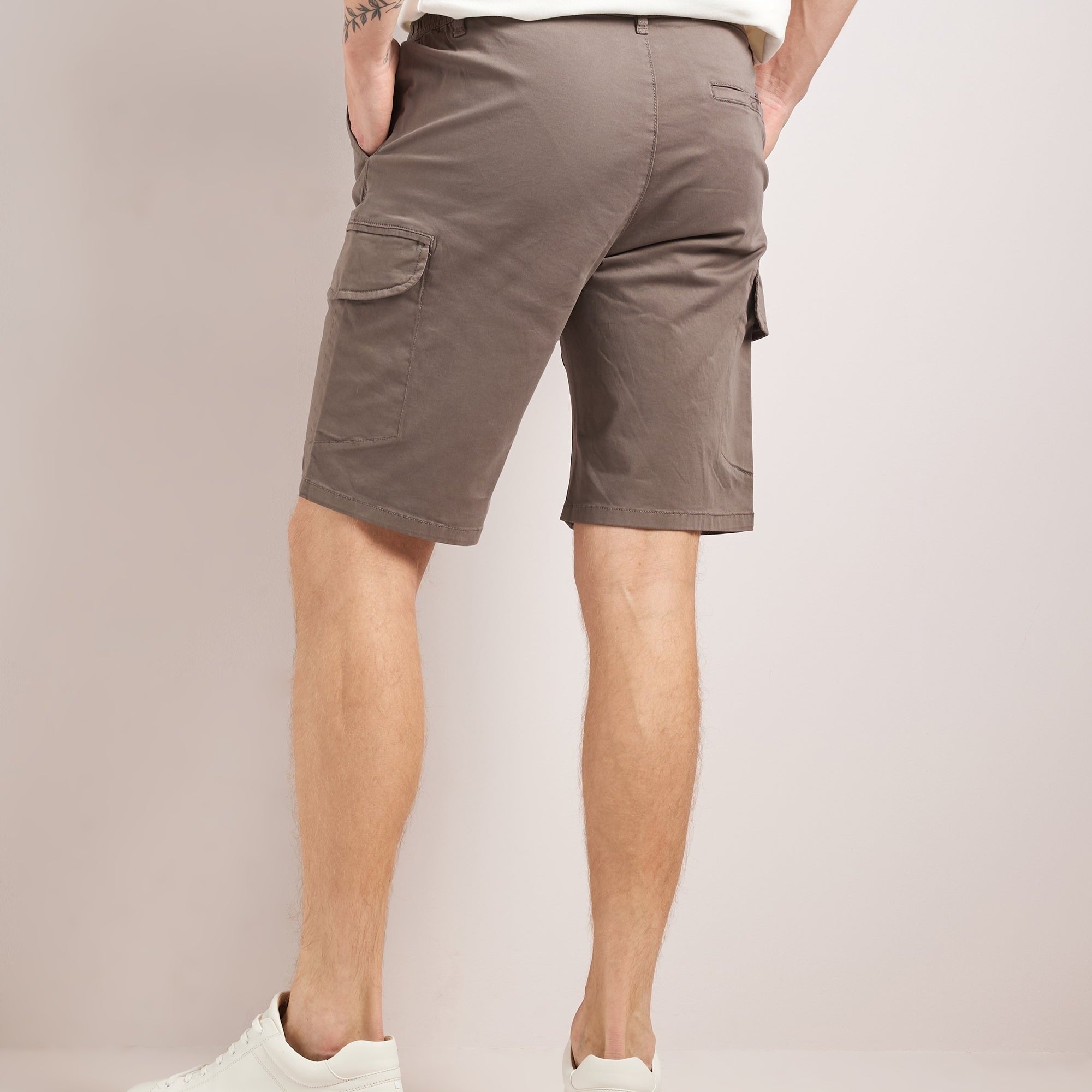 Rear view of Bruce & Co men's gray cargo shorts